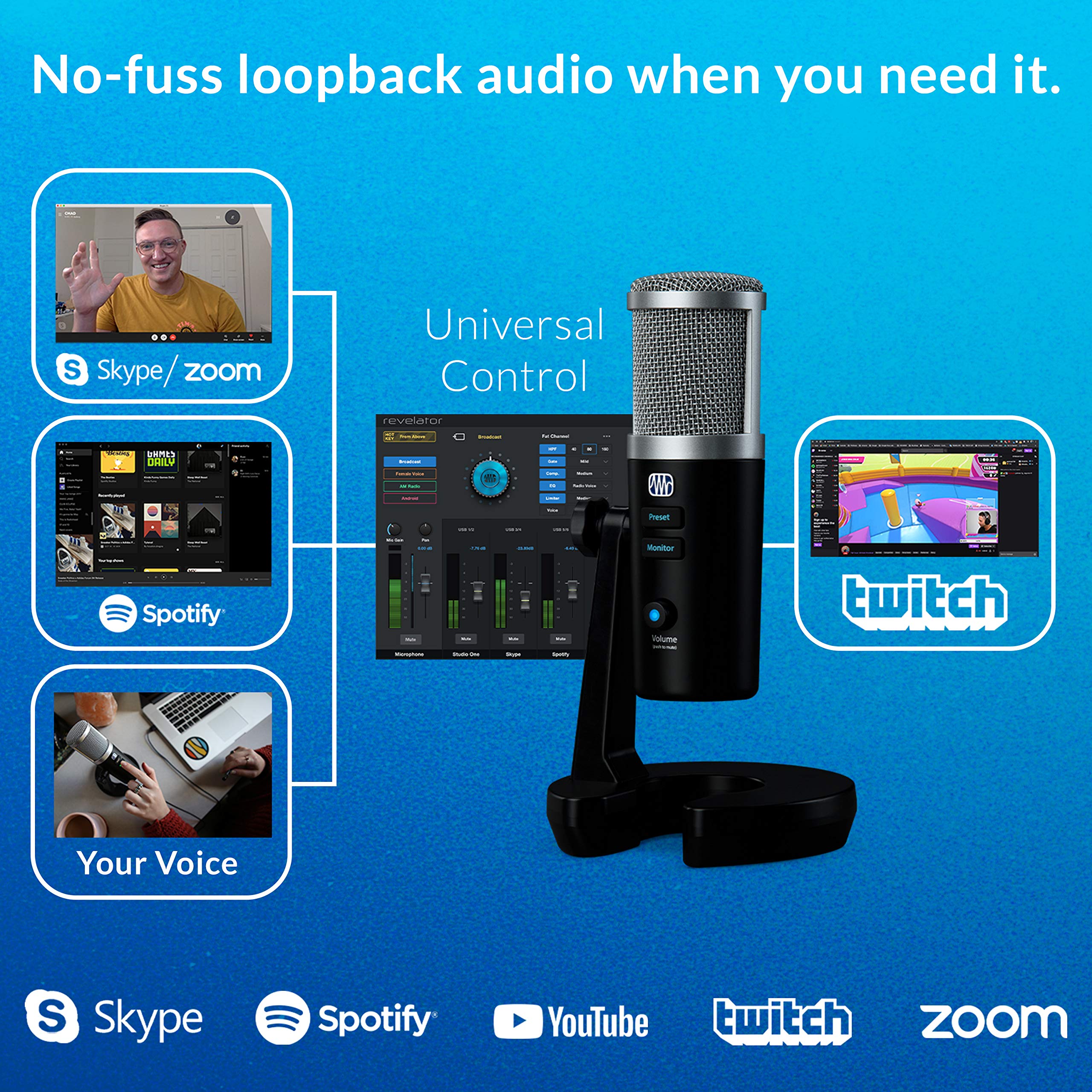 PreSonus Revelator USB Condenser Microphone for podcasting, live streaming, with built-in voice effects plus loopback mixer for